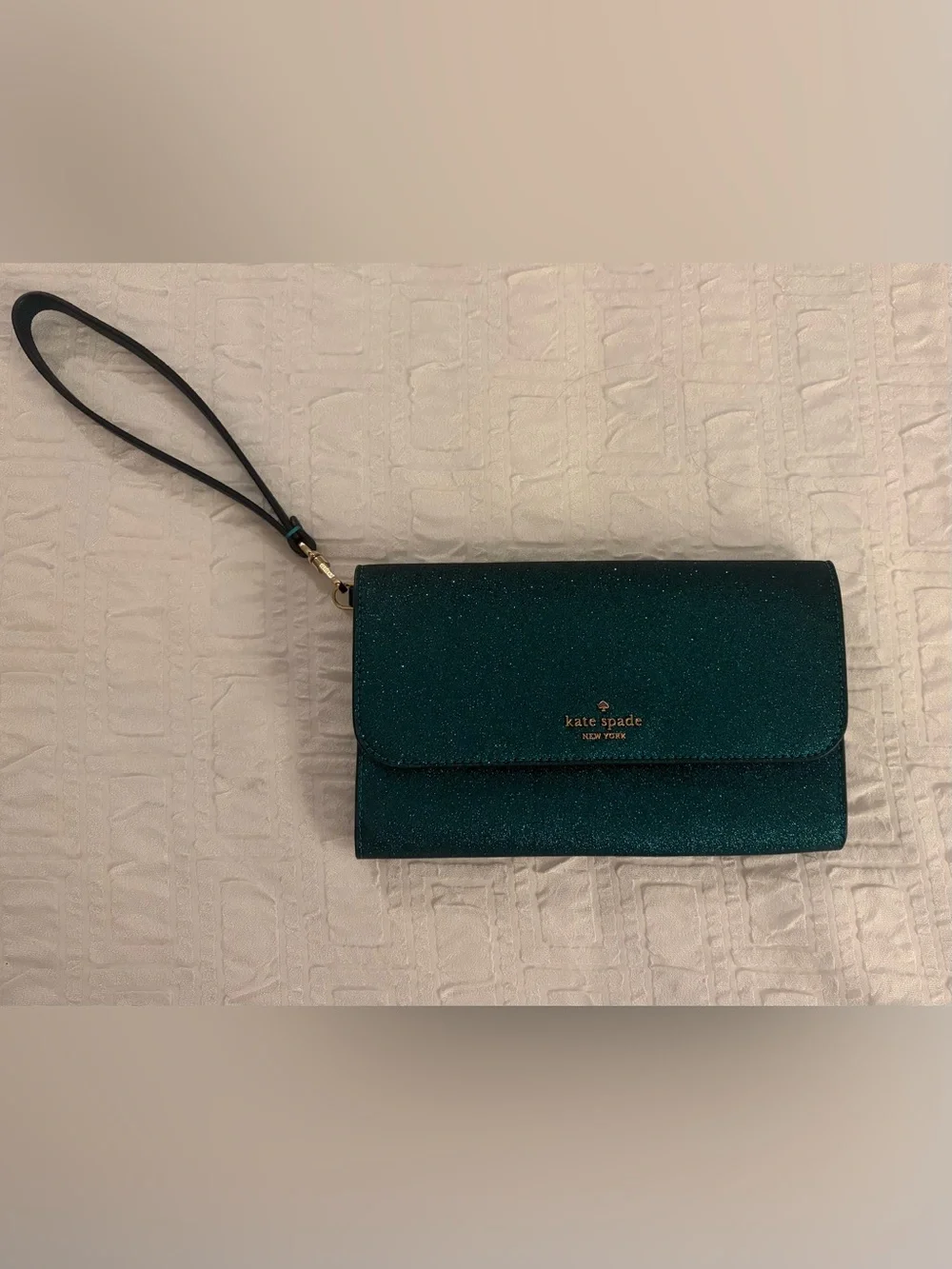 NWOT Kate Spade Glimmer Medium Flap Wristlet - Festive Teal Glitter